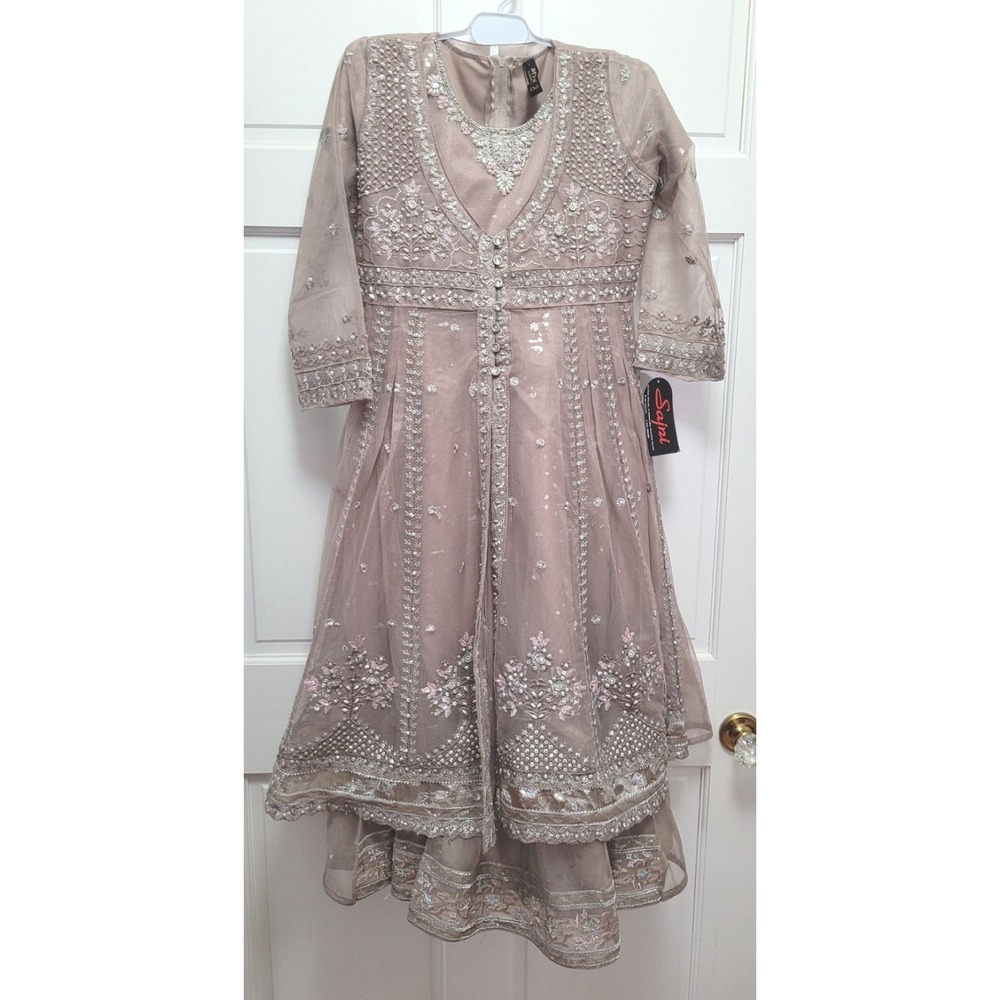 Sajni Teen Girl's 5pc Pakistani Formalwear Dress - Grey - Sz 1 (35" Chest, 44"L)